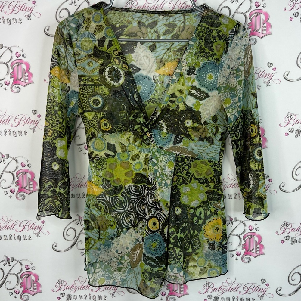 Blouse Vneck paisley floral boho mesh stretchy Floral V-Neck Sheer Top